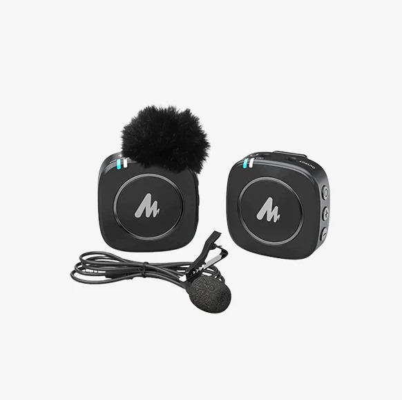 MAONO Micrófono Lavalier inalámbrico compacto, micrófonos de doble solapa  de 2.4 GHz con monitoreo en tiempo real, ajuste de ganancia y silencio para